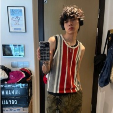 镂空 原版质量拼色魔王条纹针织字母提花外穿背心男女套头上衣