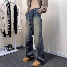 原版质量夏季淘优牛仔裤男2026新款痞帅拼接宽松直筒阔腿裤子