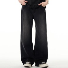 2026美式直筒牛仔裤男春秋新款复古黑色水洗做旧街头潮牌长裤子