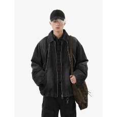 美式几何复古牛仔外套男春秋小众设计高级美式情侣翻领痞帅夹克