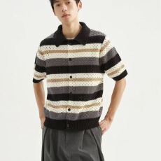 镂空魔王条纹软糯新贵老钱风翻领短袖衬衫男夏透气正肩开衫T恤潮