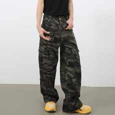 迷彩牛仔工装裤长裤子酷森野复古工装裤男潮流文艺新款百搭简约