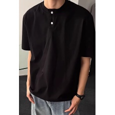 批发晏巴棉】亨利领短<b class='q'>袖</b>男夏季老钱风纯色t恤宽松休闲凉感透气<b class='q'>半截</b><b class='q'>袖</b>