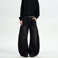 批发2026大酷小酷拼接设计感微弯刀廓形做旧水洗伐木工装宽松牛仔裤<b class='q'>潮</b>