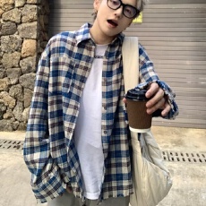 批发【格子<b class='q'>衬衫</b>】美式侠魁复古上衣春秋季<b class='q'>男生</b>条纹格子青少年学生<b class='q'>衬衣</b>