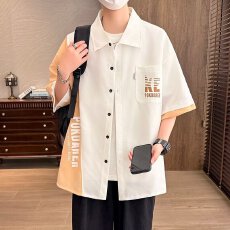 批发大码拼接衬衫】工装时尚大码短袖衬衣男<b class='q'>夏</b>季撞色宽松休闲拼接半袖