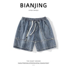 批发牛仔短裤】夏季<b class='q'>潮</b>牛邦男士宽松直筒工装中裤拼接复古大口袋五分裤