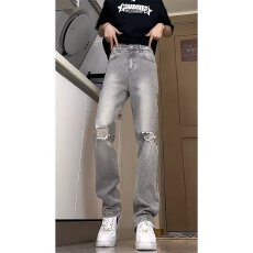批发破洞新汇佳<b class='q'>牛仔裤</b>男夏季2026高街潮牌ins<b class='q'>微喇</b>裤美式宽松直筒裤子