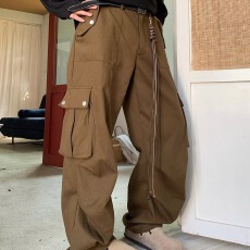 批发纯棉工装裤含绳子】褶皱热潮星球休闲裤男春秋季阔腿工装长裤子