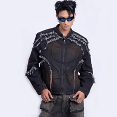 批发【立体浮雕水洗流苏做旧小众国<b class='q'>潮</b>重磅垫肩机车夹克外套短款男