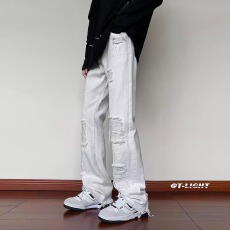 批发美式牛仔先生破洞毛边<b class='q'>牛仔裤</b>男款夏季高街割烂直筒微喇拖地裤水洗