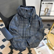 批发日系上上签复古连帽夹克男女款新款暗纹抗皱大格子宽松百搭<b class='q'>潮</b>外套