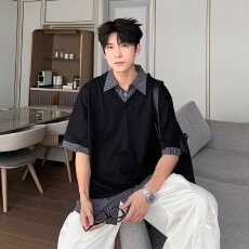 批发【假两件夏季不同流短袖polo衫男日系气质ins慵懒简约<b class='q'>原宿</b><b class='q'>文艺</b>