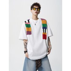 毛织拼接设计感不同流彩虹短袖T恤男夏季重磅潮牌宽松情侣半袖