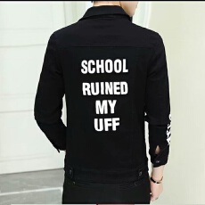 单吊带印花牛仔淘潮男士外套春秋季潮流翻领休闲修身夹克上衣服