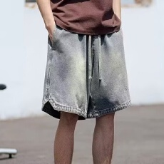 美式淘潮复古水洗牛仔短裤高街休闲宽松五分裤男夏季刺绣透气男裤