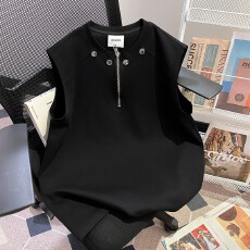 美式缘创男生无袖t恤夏日高街痞帅铆钉半拉链背心高级感运动上衣