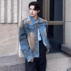 有垫肩渐变国潮撞色做旧牛仔外套男女情侣夹克高街设计感上衣潮
