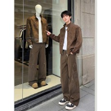 水洗纯棉工装裤牛仔裤男潮乐汇春秋设计感褶皱裤子高街微喇长裤