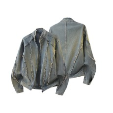 做旧毛边拉链拼接复古国潮水洗牛仔外套男春秋短款立领帅气夹克