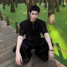 垫肩280g高弹液氨太空层短袖男潮乐邦夏薄款宽松休闲五分袖情侣