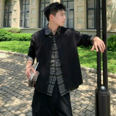 批发假两件毛衣】美式發財复古风拼接衬衫领cleanfit针织衫开衫外套<b class='q'>男</b>