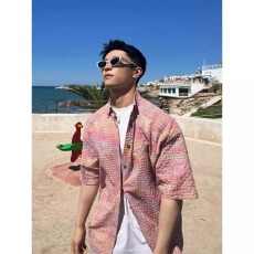 泡泡纱短袖101号衬衫男夏季多巴胺穿搭海边度假风情侣格子衬衣
