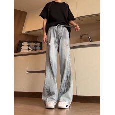 半松紧夏季淘潮破洞牛仔裤男生宽松帅气复古高街直筒阔腿长裤子