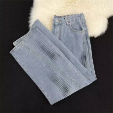 半松紧划痕淘潮破洞牛仔裤男宽松水洗设计感直筒解构阔腿长裤潮