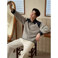 松弛感發財翻领拼接卫衣POLO衫男士春秋痞帅设计感长袖上衣打底衫