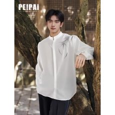 刺绣竹叶长袖衬衫新中式二罗男春秋潮流立领衬衣休闲百搭上衣