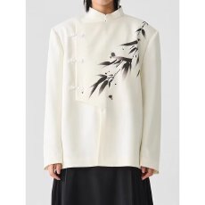 印花白西装国风二罗禅意男装水墨竹子斜门襟盘扣中山装西服外套