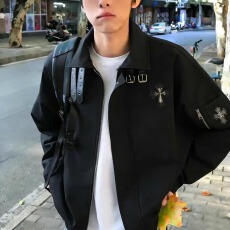 十字架夹克春秋二罗外套男美式翻领休闲宽松韩版设计感上衣服潮