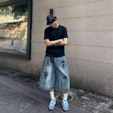 批发印花牛仔】美式新一派街头涂鸦中裤男夏季宽松七分裤子2026年日系