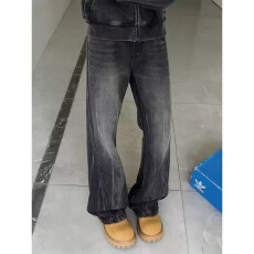 半松紧闪电纹富博斜切牛仔裤男美式vibe裤子直筒cleanfit微喇裤