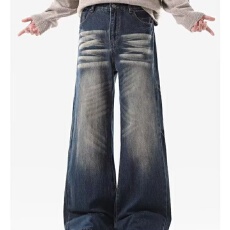 美式十八高街青少年2026男女款长裤高质量水洗做旧猫须微喇牛仔裤