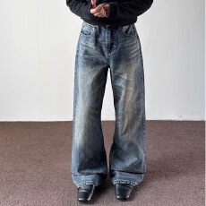 2026十八复古猫须水洗做旧直筒牛仔裤男休闲显瘦宽松垂感阔腿裤子