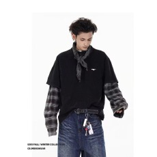 高质量假两件长袖简约热潮百搭日系原宿潮牌格子休闲宽松T恤男