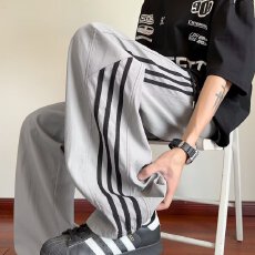 春秋欧派星条纹拖地卫裤男美式高街直筒休闲裤宽松重磅垂感阔腿裤