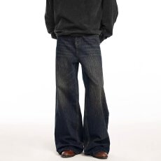 批发美式加州高街复古牛仔裤男水洗做旧直筒宽松阔腿长裤中腰青少年潮
