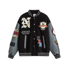 批发刺绣棒球服】字母潮人邦男女春秋高街重磅毛巾绣撞色情侣夹克外套