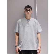 华夫格夏季简风工装圆领半拉链短袖T恤男宽松休闲简约半袖衫