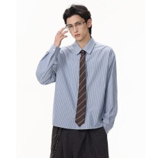 批发衬衫配送领带】撞色续战条纹领带长袖衬衫<b class='q'>男</b>女春秋宽松学院风衬衣