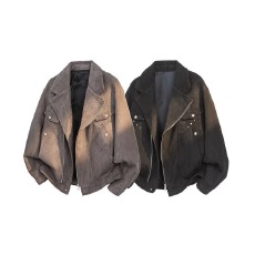 批发【麂皮绒夹克】春秋鑫盛复古铆钉斜拉链外套男女潮牌宽松小众情侣