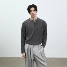 批发老钱风SEC树枝肌理亨利领长袖T恤<b class='q'>男</b>春夏季复古宽松休闲打底衫上衣