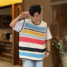 批发镂空针织】<b class='q'>夏</b>季魔王男生背心宽松个性撞色条纹马甲针织衫坎肩上衣