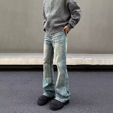 批发原版竹节纹】牛仔裤男淘潮美式高街微喇裤<b class='q'>春</b>秋夏水洗修身直筒裤子