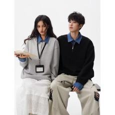 批发【曼巴棉复合拼接】假两件简皓翻领卫衣<b class='q'>男</b>女春秋简约休闲套头外套