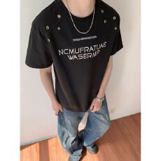 批发美式简风复古字母刺绣短袖T恤<b class='q'>男</b>2025夏季新款铆钉设计感半袖上衣