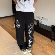 印花休闲裤裤子男泓气高腰宽松直筒休闲裤街舞嘻哈运动束脚长裤